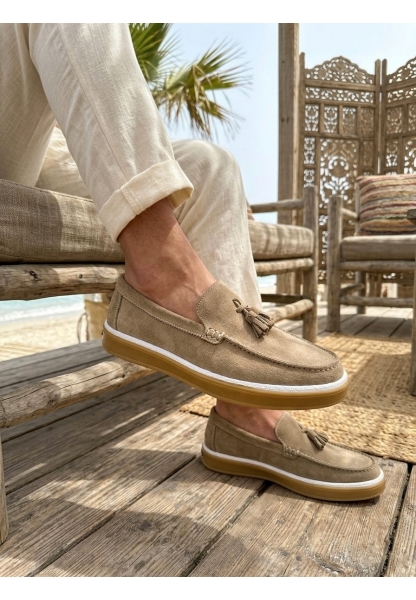 BA0250 %100 İçi Dışı Hakiki Deri Erkek Bej Süet Casual Loafer Püskül Detaylı Kauçuk Rahat Taban Dikişli Ayakkabı