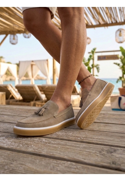 BA0250 %100 İçi Dışı Hakiki Deri Erkek Bej Süet Casual Loafer Püskül Detaylı Kauçuk Rahat Taban Dikişli Ayakkabı