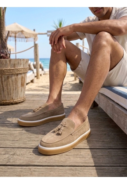 BA0250 %100 İçi Dışı Hakiki Deri Erkek Bej Süet Casual Loafer Püskül Detaylı Kauçuk Rahat Taban Dikişli Ayakkabı