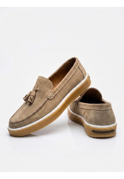 BA0250 %100 İçi Dışı Hakiki Deri Erkek Bej Süet Casual Loafer Püskül Detaylı Kauçuk Rahat Taban Dikişli Ayakkabı