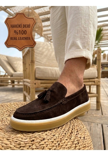 BA0250 %100 İçi Dışı Hakiki Deri Erkek Kahverengi Süet Casual Loafer Püskül Detaylı Kauçuk Rahat Taban Dikişli Ayakkabı