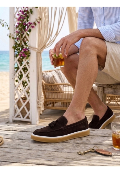BA0250 %100 İçi Dışı Hakiki Deri Erkek Kahverengi Süet Casual Loafer Püskül Detaylı Kauçuk Rahat Taban Dikişli Ayakkabı