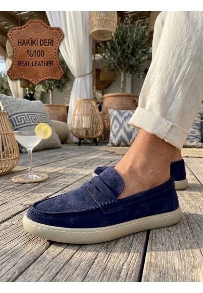 BA0251 %100 İçi Dışı Hakiki Deri Erkek Lacivert Süet Casual Loafer Kauçuk Rahat Taban Dikişli Ayakkabı