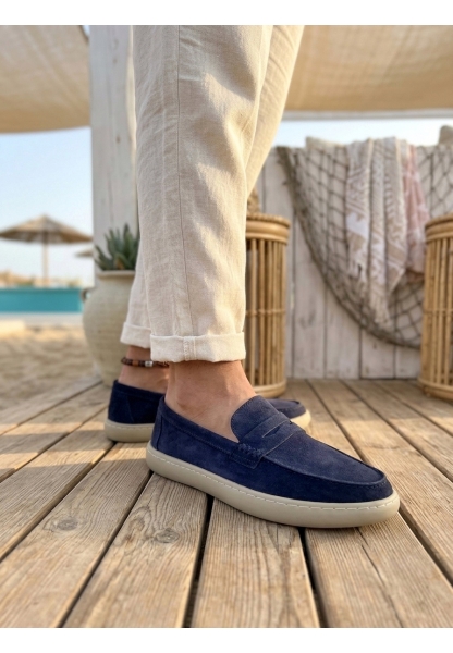 BA0251 %100 İçi Dışı Hakiki Deri Erkek Lacivert Süet Casual Loafer Kauçuk Rahat Taban Dikişli Ayakkabı