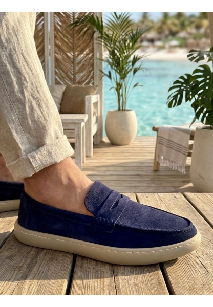 BA0251 %100 İçi Dışı Hakiki Deri Erkek Lacivert Süet Casual Loafer Kauçuk Rahat Taban Dikişli Ayakkabı