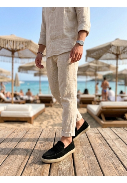 BA0251 %100 İçi Dışı Hakiki Deri Erkek Siyah Süet Casual Loafer Kauçuk Rahat Taban Dikişli Ayakkabı