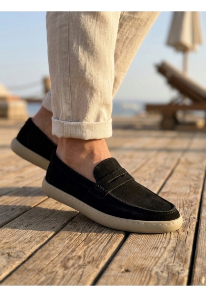 BA0251 %100 İçi Dışı Hakiki Deri Erkek Siyah Süet Casual Loafer Kauçuk Rahat Taban Dikişli Ayakkabı