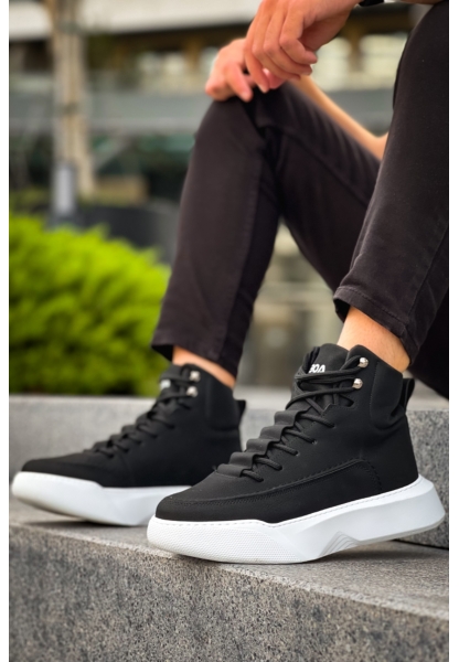 BA0321 Gizli Bağcıklı Erkek Yüksek Taban Siyah Beyaz Spor Bot