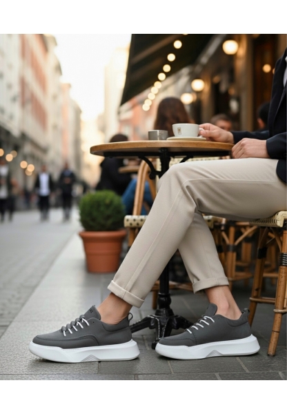 BA0332 Merdiven Desen Bağcıklı Erkek Yüksek Taban Antrasit Cilt Spor Ayakkabı