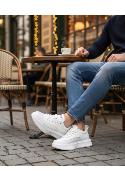 BA0332 Merdiven Desen Bağcıklı Erkek Yüksek Taban Beyaz Cilt Spor Ayakkabı