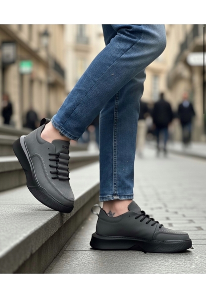 BA0332 Merdiven Desen Bağcıklı Erkek Yüksek Taban Füme Cilt Spor Ayakkabı