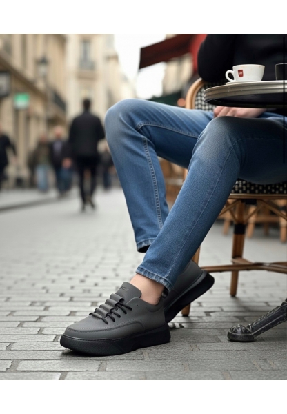 BA0332 Merdiven Desen Bağcıklı Erkek Yüksek Taban Füme Cilt Spor Ayakkabı