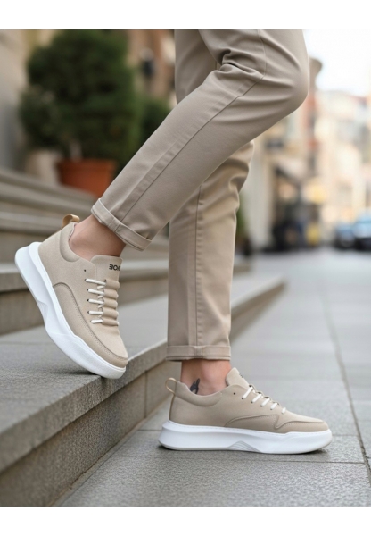 BA0332 Merdiven Desen Bağcıklı Erkek Yüksek Taban Krem Süet Spor Ayakkabı