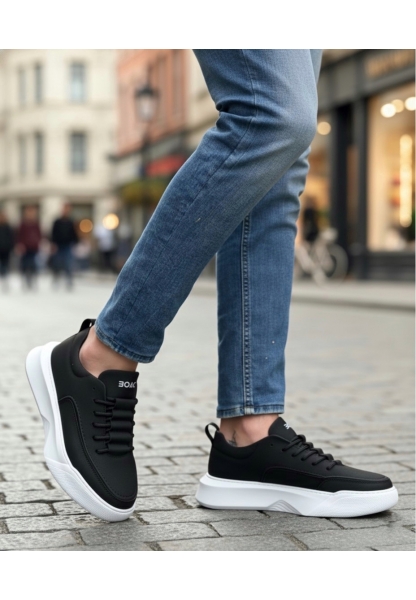 BA0332 Merdiven Desen Bağcıklı Erkek Yüksek Taban Siyah Cilt Beyaz Taban Spor Ayakkabı