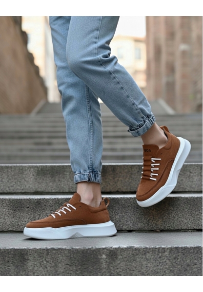 BA0332 Merdiven Desen Bağcıklı Erkek Yüksek Taban Taba Süet Beyaz Taban Spor Ayakkabı