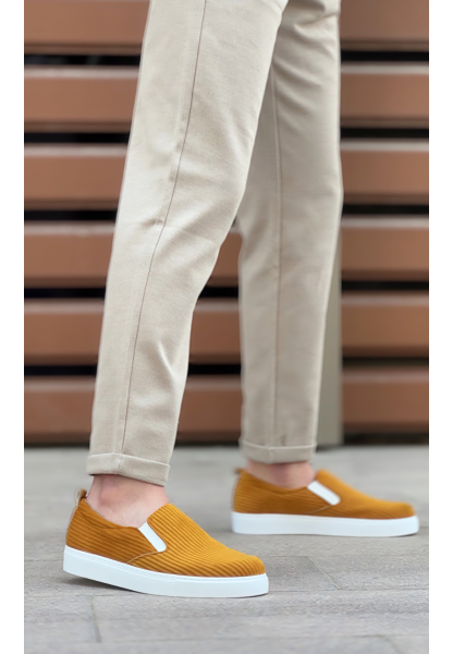 BA0339 Bağcıksız Kadife Hardal Beyaz Taban Günlük Erkek Ayakkabı