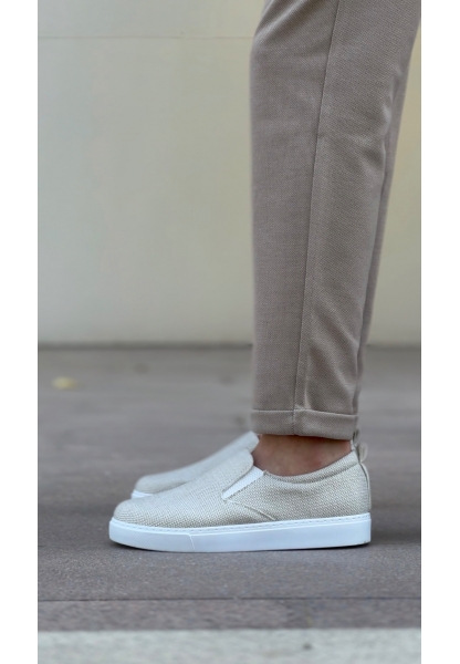 BA0339 Bağcıksız Keten Krem Beyaz Taban Günlük Erkek Ayakkabı
