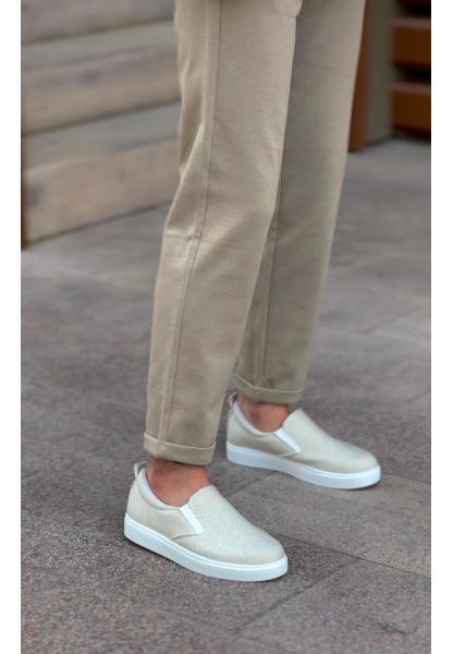 BA0339 Bağcıksız Keten Krem Beyaz Taban Günlük Erkek Ayakkabı