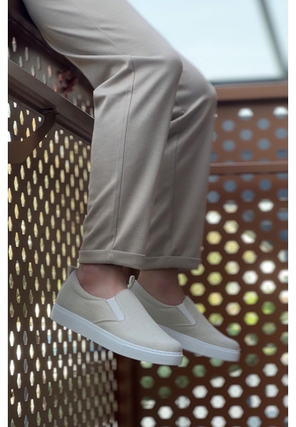 BA0339 Bağcıksız Keten Krem Beyaz Taban Günlük Erkek Ayakkabı