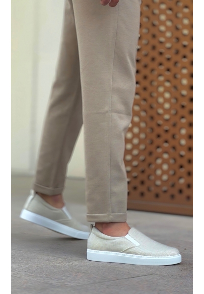 BA0339 Bağcıksız Keten Krem Beyaz Taban Günlük Erkek Ayakkabı