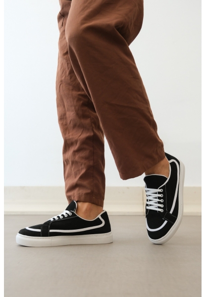 BA0351 BOA Bağcıklı Keten Günlük Siyah Renk Spor Ayakkabı 