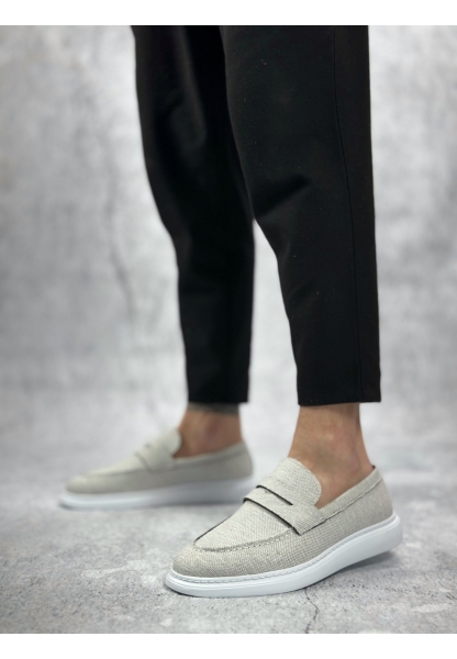 BA0355 Bağcıksız Keten Beyaz Klasik Corcik Erkek Ayakkabı