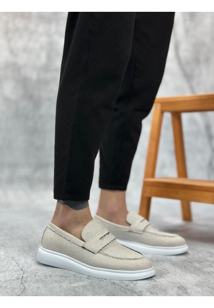 BA0355 Bağcıksız Keten Beyaz Klasik Corcik Erkek Ayakkabı