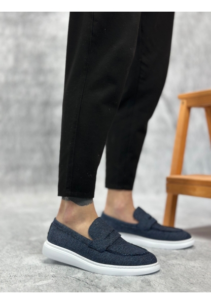 BA0355 Bağcıksız Keten Lacivert Klasik Corcik Erkek Ayakkabı