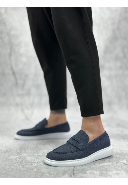 BA0355 Bağcıksız Keten Lacivert Klasik Corcik Erkek Ayakkabı