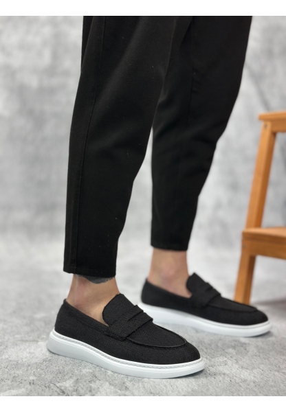 BA0355 Bağcıksız Keten Siyah Klasik Corcik Erkek Ayakkabı