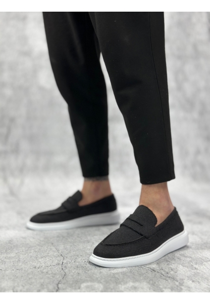 BA0355 Bağcıksız Keten Siyah Klasik Corcik Erkek Ayakkabı