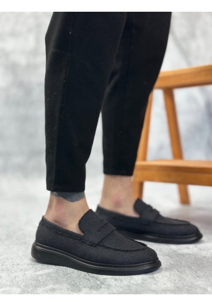 BA0355 Bağcıksız Keten Siyah Taban Klasik Corcik Erkek Ayakkabı