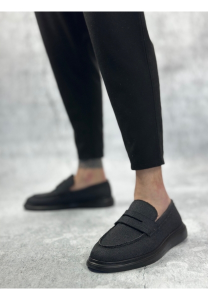 BA0355 Bağcıksız Keten Siyah Taban Klasik Corcik Erkek Ayakkabı