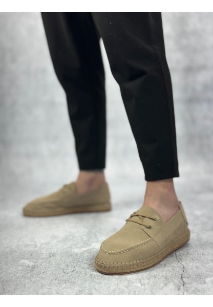 BA0358 BOA Doğal Deri Tozu Bağcıklı Kauçuk El Yapımı Espadril Taban Bej Renk Erkek Ayakkabı
