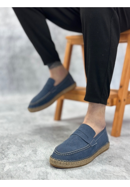 BA0358 BOA Doğal Deri Tozu Bağcıklı Kauçuk El Yapımı Espadril Taban Mavi Renk Erkek Ayakkabı