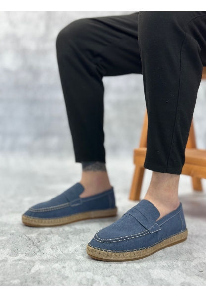 BA0358 BOA Doğal Deri Tozu Bağcıklı Kauçuk El Yapımı Espadril Taban Mavi Renk Erkek Ayakkabı
