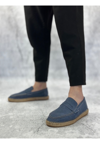 BA0358 BOA Doğal Deri Tozu Bağcıklı Kauçuk El Yapımı Espadril Taban Mavi Renk Erkek Ayakkabı