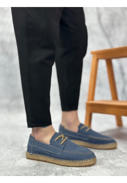 BA0358 BOA Doğal Deri Tozu Bağcıklı Kauçuk El Yapımı Espadril Taban Mavi Renk Erkek Ayakkabı