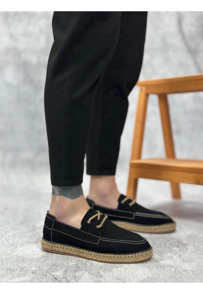 BA0358 BOA Doğal Deri Tozu Bağcıklı Kauçuk El Yapımı Espadril Taban Siyah Renk Erkek Ayakkabı