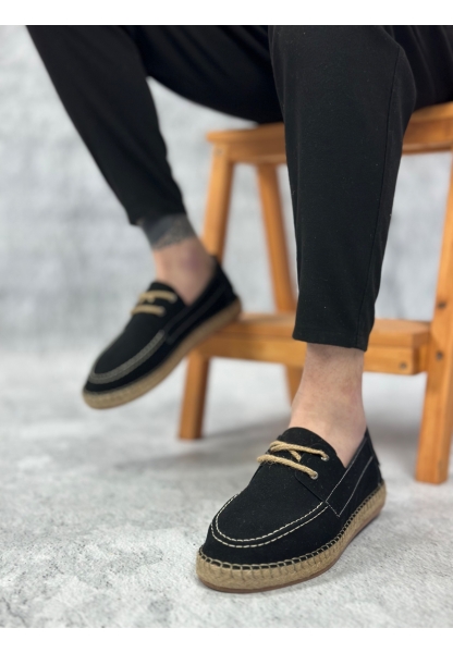 BA0358 BOA Doğal Deri Tozu Bağcıklı Kauçuk El Yapımı Espadril Taban Siyah Renk Erkek Ayakkabı