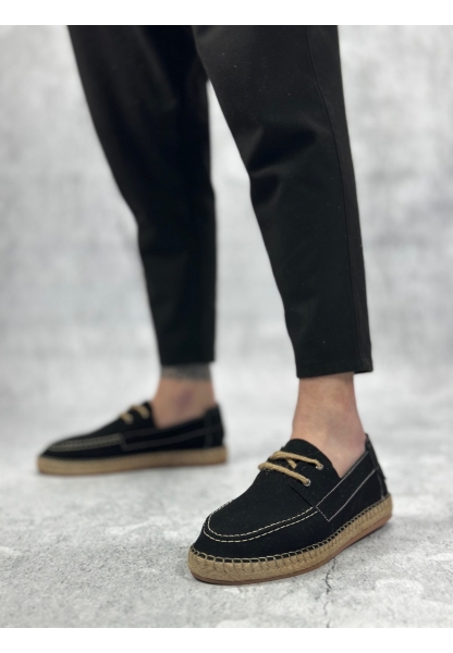 BA0358 BOA Doğal Deri Tozu Bağcıklı Kauçuk El Yapımı Espadril Taban Siyah Renk Erkek Ayakkabı