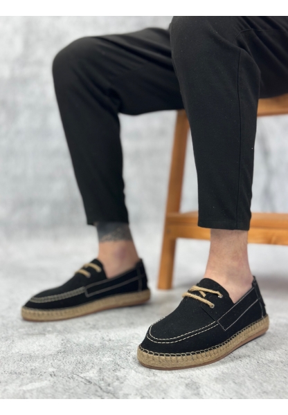 BA0358 BOA Doğal Deri Tozu Bağcıklı Kauçuk El Yapımı Espadril Taban Siyah Renk Erkek Ayakkabı