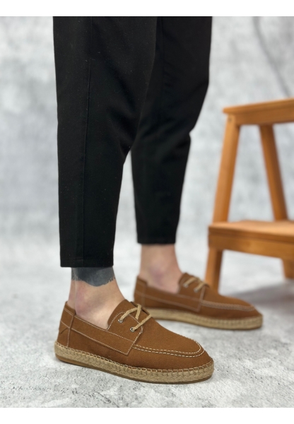 BA0358 BOA Doğal Deri Tozu Bağcıklı Kauçuk El Yapımı Espadril Taban Taba Renk Erkek Ayakkabı