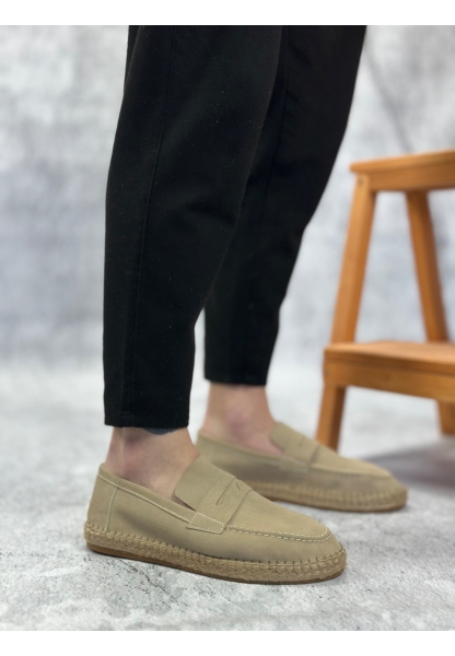 BA0359 BOA Doğal Deri Tozu Bağcıksız Kauçuk El Yapımı Espadril Taban Krem Renk Erkek Ayakkabı