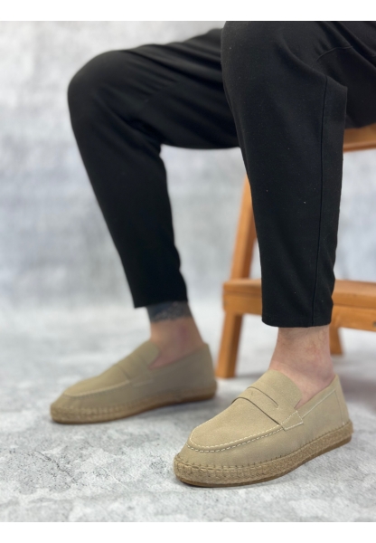 BA0359 BOA Doğal Deri Tozu Bağcıksız Kauçuk El Yapımı Espadril Taban Krem Renk Erkek Ayakkabı
