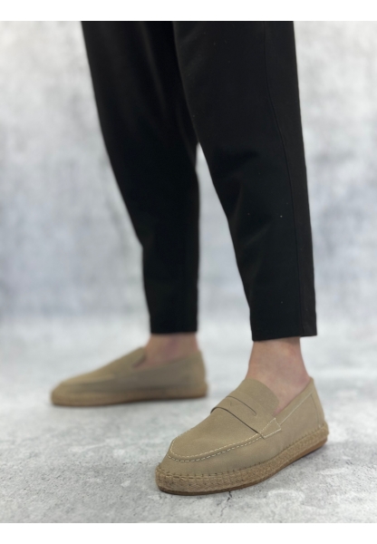 BA0359 BOA Doğal Deri Tozu Bağcıksız Kauçuk El Yapımı Espadril Taban Krem Renk Erkek Ayakkabı