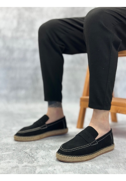 BA0359 BOA Doğal Deri Tozu Bağcıksız Kauçuk El Yapımı Espadril Taban Siyah Renk Erkek Ayakkabı