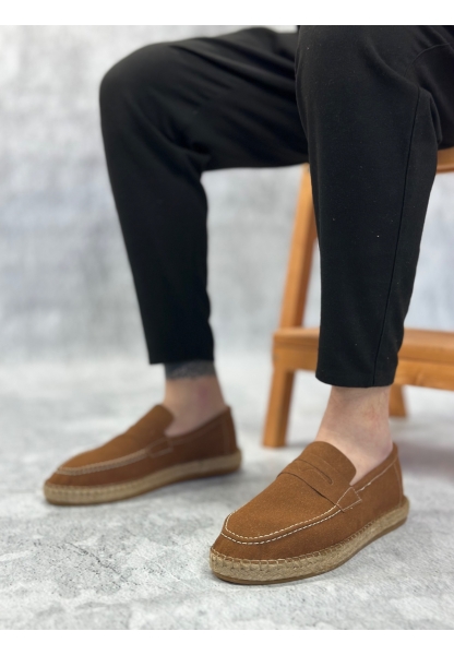 BA0359 BOA Doğal Deri Tozu Bağcıksız Kauçuk El Yapımı Espadril Taban Taba Renk Erkek Ayakkabı