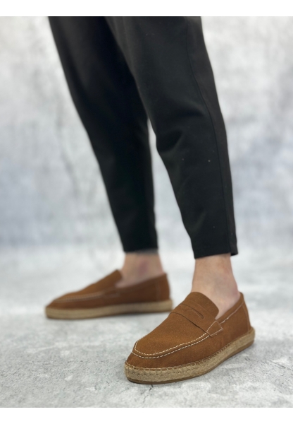 BA0359 BOA Doğal Deri Tozu Bağcıksız Kauçuk El Yapımı Espadril Taban Taba Renk Erkek Ayakkabı