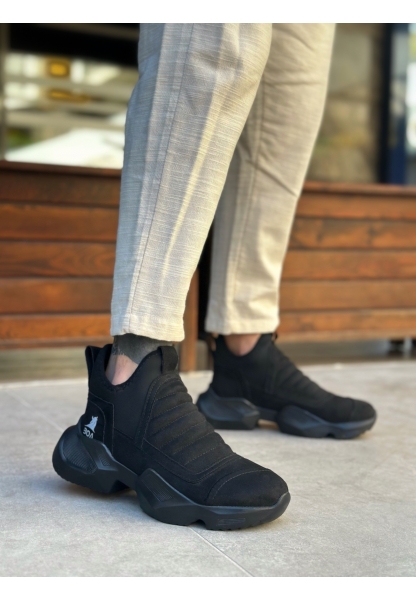 BA0401 Bağcıksız Rahat Yüksek Siyah Taban Siyah Süet Erkek Spor Yarım Bilek Bot